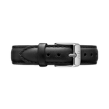 Daniel Wellington Sheffield Strap Silver crafted from smooth black leather with neat stitching and a polished silver buckle, ideal for updating men’s or women’s watches with a classic, versatile style.