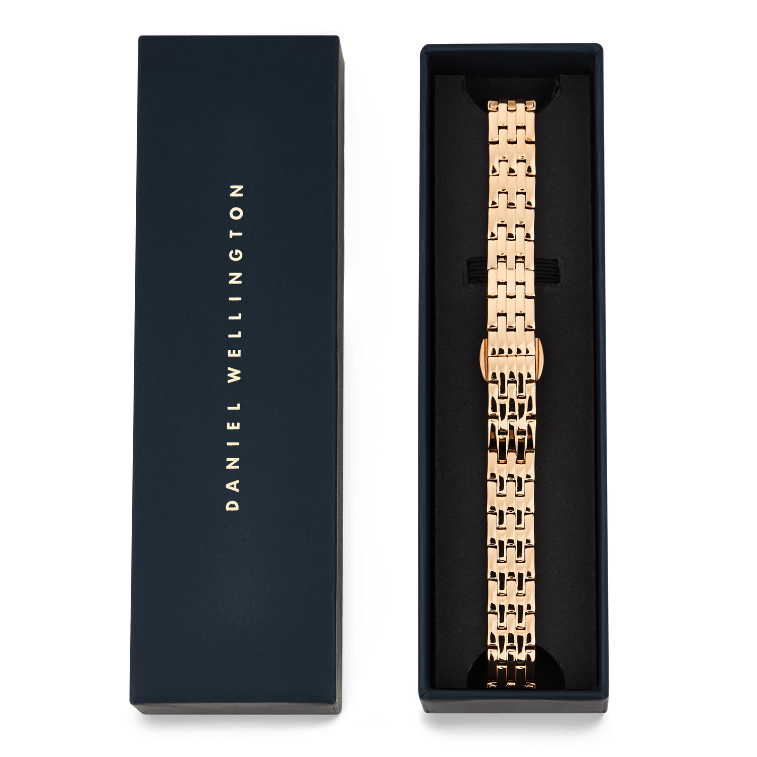 Rose gold 5-link watch strap with a butterfly clasp, presented in a signature Daniel Wellington gift box. The polished stainless steel strap is neatly displayed, highlighting its refined texture and elegant finish.