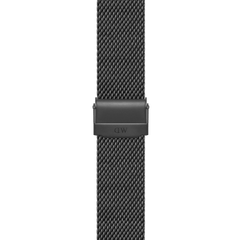 Close-up of the black sandblasted mesh stainless steel smartwatch strap, highlighting the adjustable clasp and fine woven texture.