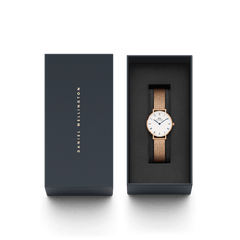 Petite Roman Numerals Melrose watch with rose gold mesh strap in Daniel Wellington gift box, perfect for her.
