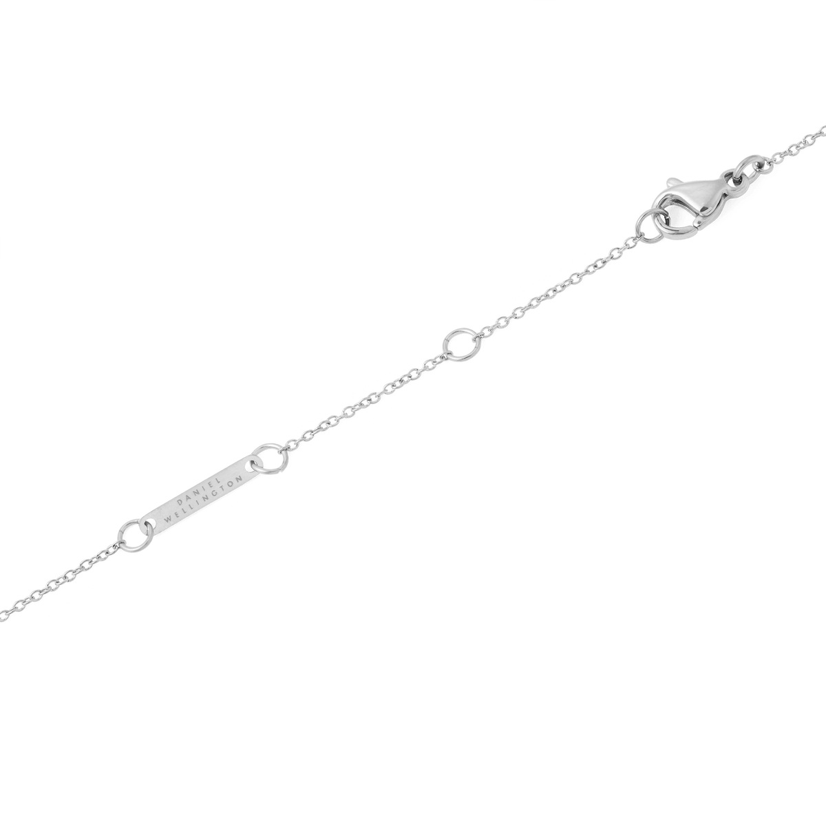 Adjustable silver chain of the Mirelle Infinity Necklace, featuring a secure lobster clasp and a branded Daniel Wellington tag for a refined finish.