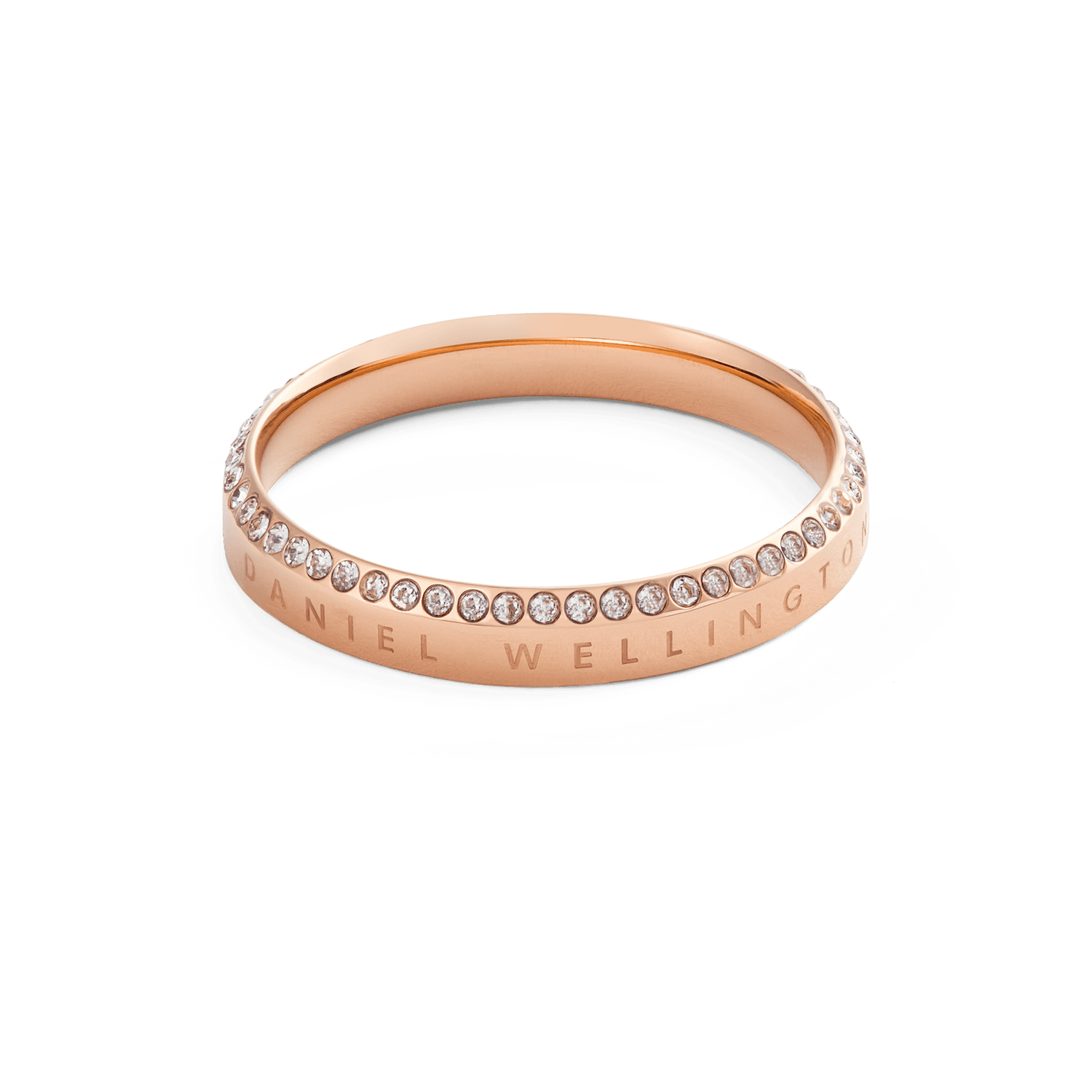 Classic Aura Ring Rose Gold with a slim rose gold band, Daniel Wellington engraving, and a row of sparkling white cubic zirconia crystals along the edge for an elegant, modern finish.