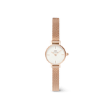 Petite Mini Melrose women’s watch featuring a slim 19mm rose gold case, minimalist white dial, and an elegant rose gold mesh strap, designed for a refined and feminine look.