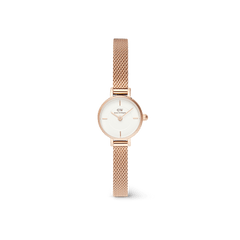 Petite Mini Melrose women’s watch featuring a slim 19mm rose gold case, minimalist white dial, and an elegant rose gold mesh strap, designed for a refined and feminine look.