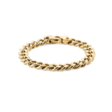 Gold Cuban chain bracelet with polished, substantial links and a secure lobster clasp, showcasing a contemporary yet timeless design ideal for both men and women. The lustrous gold finish highlights the bracelet's elegant and versatile style.