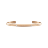 Slim rose gold open cuff bracelet with six sparkling crystals and engraved DW logos, featuring a minimalist design and polished finish.