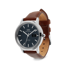 Iconic St Mawes Automatic Silver men’s watch with an arctic blue enamel dial, polished stainless steel case, magnified date window, and a rich brown Italian leather strap.