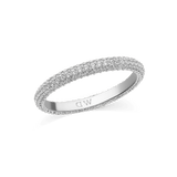 Slim silver pavé ring with three rows of closely set white cubic zirconia crystals, featuring a polished finish and subtle engraved branding on the inside of the band.