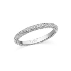 Slim silver pavé ring with three rows of closely set white cubic zirconia crystals, featuring a polished finish and subtle engraved branding on the inside of the band.