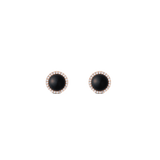 Rose gold stud earrings with round black agate centre and pavé cubic zirconia halo, elegant and modern jewellery.