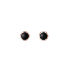 Rose gold stud earrings with round black agate centre and pavé cubic zirconia halo, elegant and modern jewellery.
