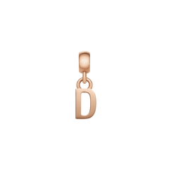 Rose gold letter D charm with a refined, polished surface and minimalist design, crafted from stainless steel and fitted with an anti-slip silicone lining for secure attachment to charm bracelets or necklaces.