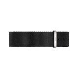 Cornwall Strap Silver displays a black polyester NATO watch strap with a polished silver buckle engraved with DW, featuring multiple adjustment holes for a secure and comfortable fit.
