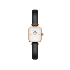Rectangular rose gold women’s watch with a white dial and slim black leather strap, featuring minimalist hour markers and a petite, elegant design.