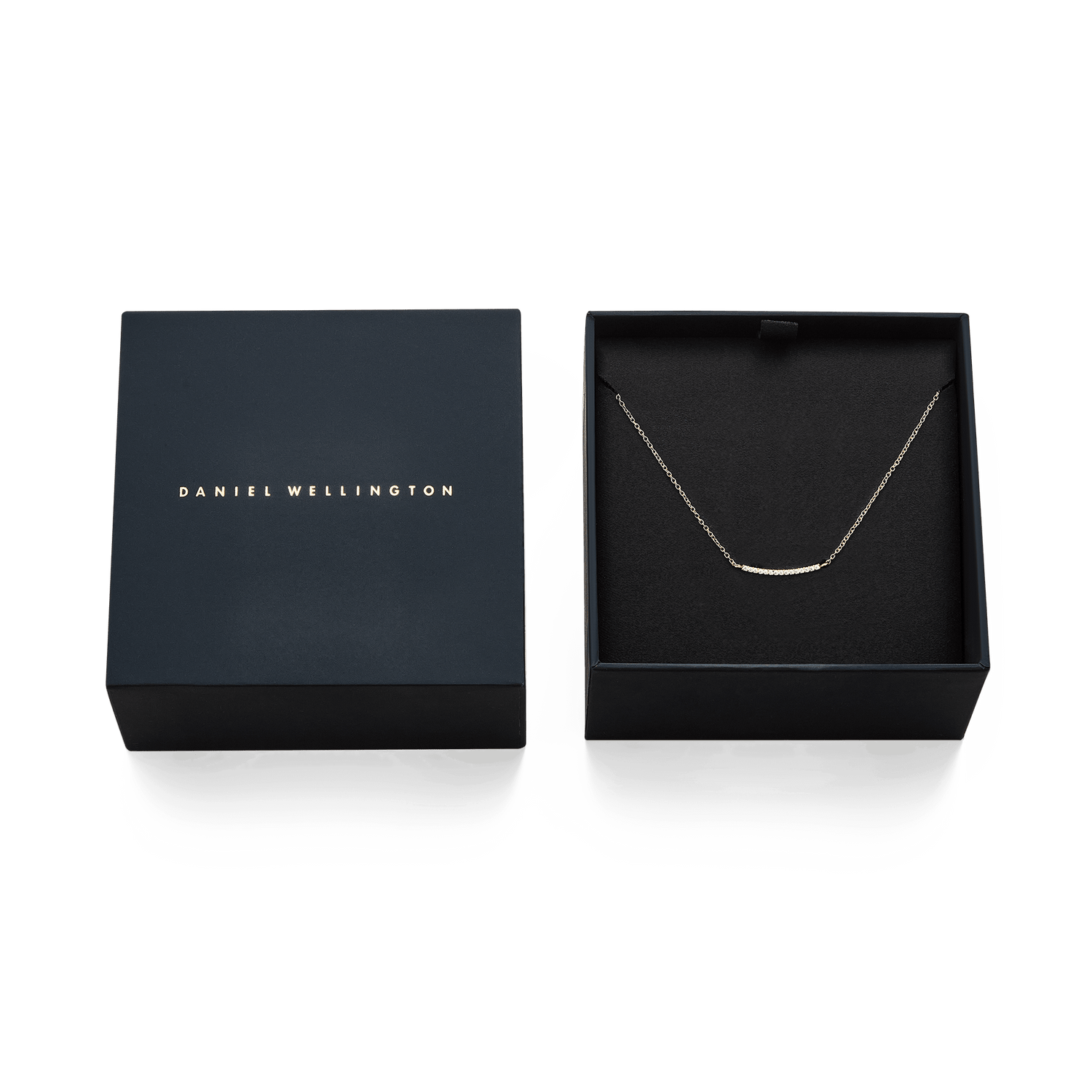 Mirelle Eternity Necklace Gold presented in an elegant black Daniel Wellington gift box, featuring a fine gold chain with a row of white cubic zirconia crystals.