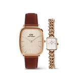 Marlon & Jolie Chain Rose Gold Set featuring a rose gold watch with a textured white dial and brown leather strap, paired with a petite square-faced watch with a white dial and polished rose gold chain bracelet.