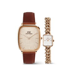 Marlon & Jolie Chain Rose Gold Set featuring a rose gold watch with a textured white dial and brown leather strap, paired with a petite square-faced watch with a white dial and polished rose gold chain bracelet.