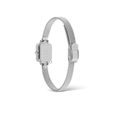 Rear view of the Quadro Mini Crystal Zodiac Sterling Set, highlighting the engraved case back and adjustable silver mesh strap with a secure clasp.
