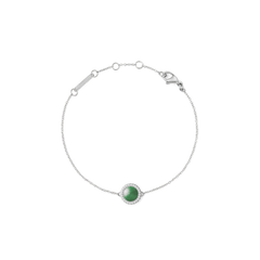 Silver bracelet with adjustable chain, featuring a domed jade charm encircled by white cubic zirconia crystals.