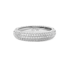Daniel Wellington Pavé Ring Silver 5 mm featuring a slim rhodium-plated band, pavé-set with rows of white cubic zirconia crystals and finished with an engraved DW logo inside.