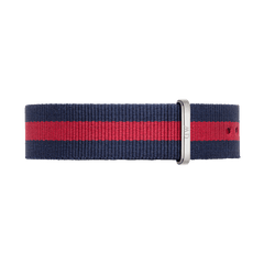 Oxford Strap Silver navy and red NATO watch strap with silver-tone buckle, durable polyester for 40mm Daniel Wellington watches.