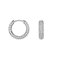 A pair of silver pavé crystal hoop earrings with a rounded, fully encrusted surface and secure hinge closure, shown from both front and side views.