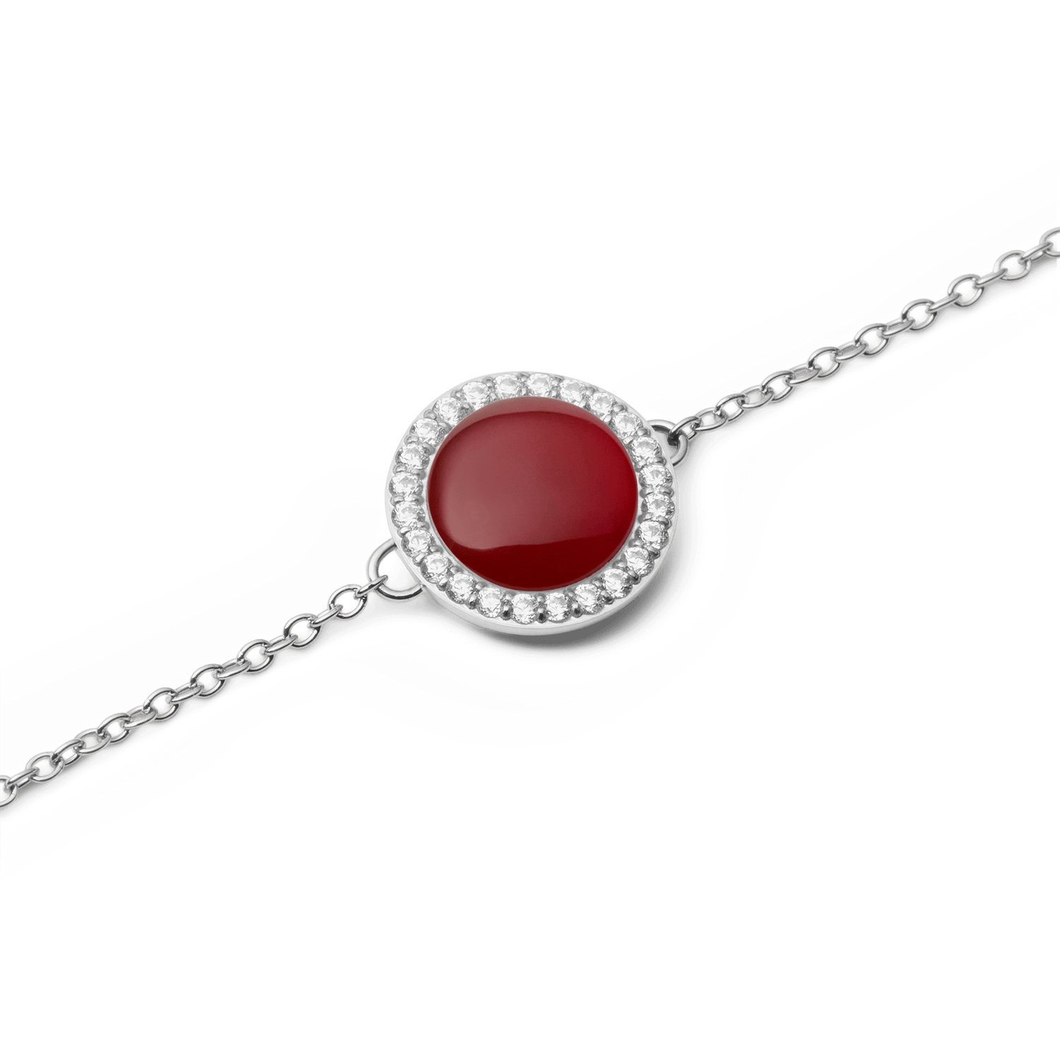 Close-up of Audrey Bracelet featuring a domed red agate stone framed by white cubic zirconia on a polished silver chain.
