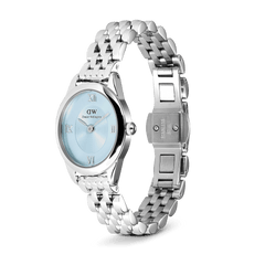 Ophelia Mini Ice Blue Silver watch with oval case, sunray blue dial, and open stainless steel 5-link bracelet.