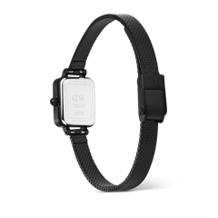Quadro Mini Reflection Black watch shown from the back, highlighting the polished stainless steel case, engraved details, and the sleek black mesh strap with an adjustable clasp.