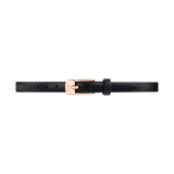 Slim black leather watch strap with a pressed texture, finished with a polished rose gold buckle engraved with the Daniel Wellington logo. The minimalist design and adjustable fit make it a stylish and versatile choice for a range of timepieces.
