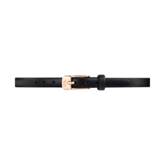 Slim black leather watch strap with a pressed texture, finished with a polished rose gold buckle engraved with the Daniel Wellington logo. The minimalist design and adjustable fit make it a stylish and versatile choice for a range of timepieces.