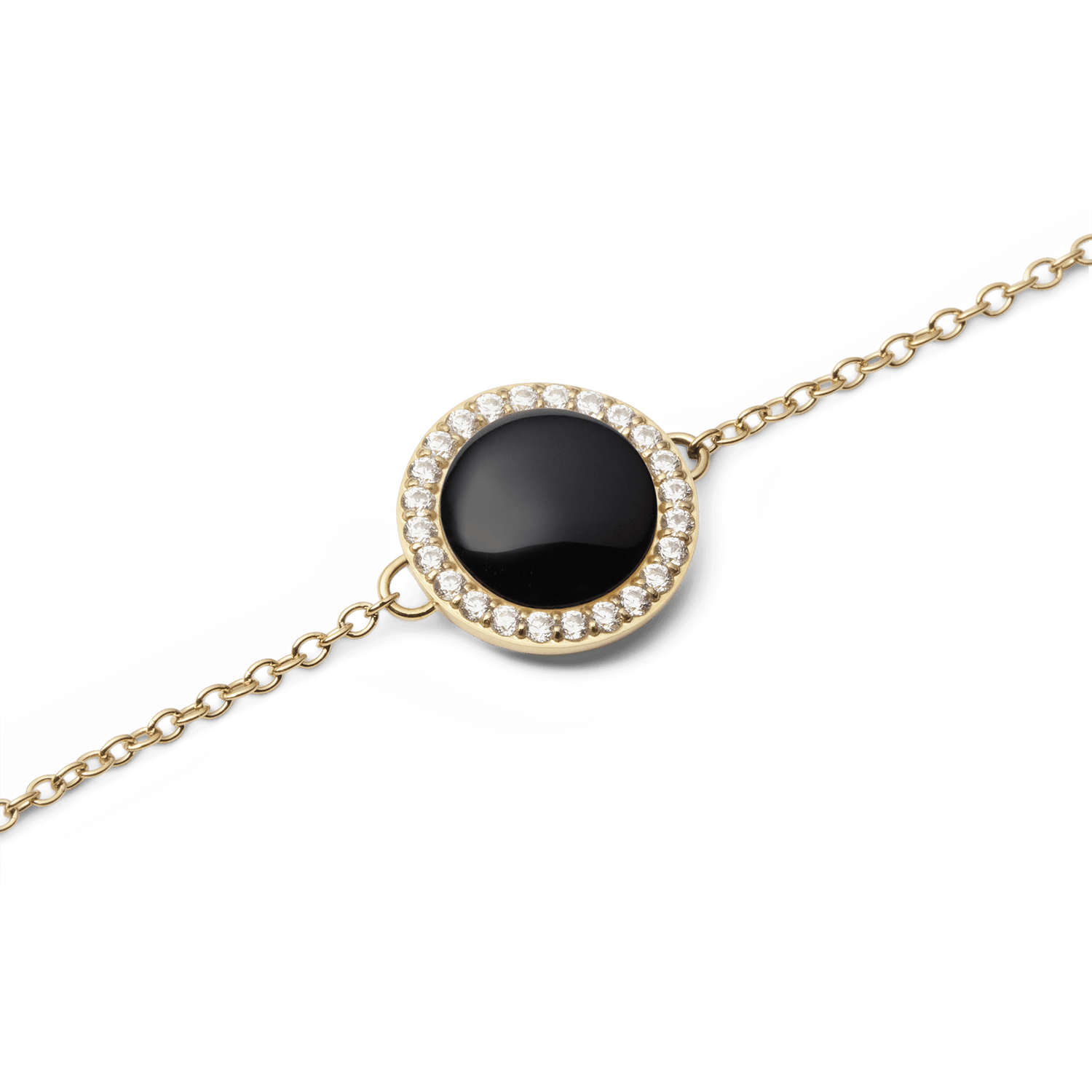 Close-up of the Audrey Bracelet Black Agathe Gold, showcasing a domed black agate stone encircled by sparkling white cubic zirconia crystals on a fine gold chain.