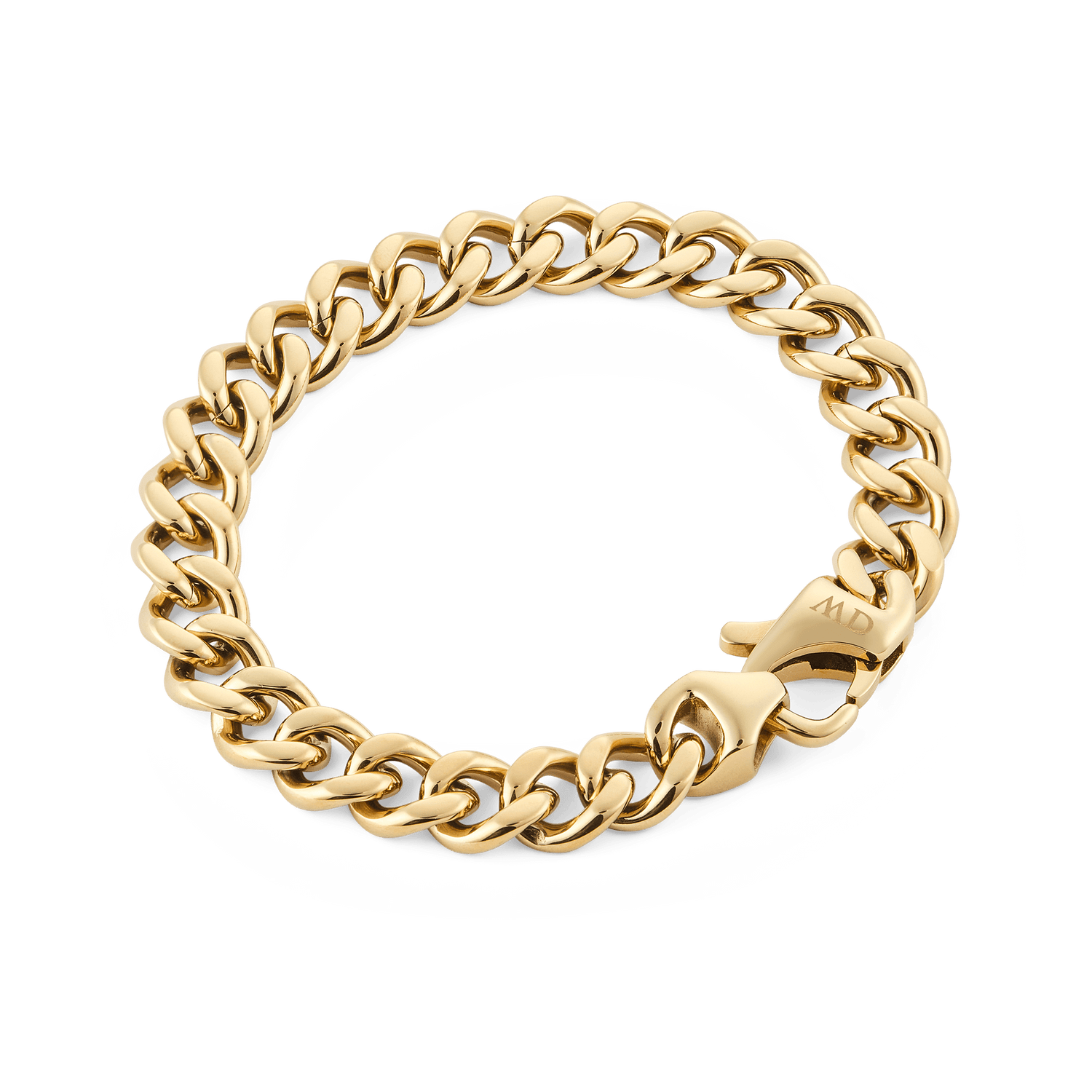 Ellipse Cuban Chain Bracelet Gold featuring polished, interlocking links and a seamless lobster clasp, crafted from gold PVD-plated stainless steel for a refined, modern finish.