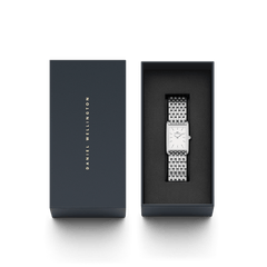 Bound 9-Link Silver women’s rectangular watch with silver strap, presented in an elegant Daniel Wellington gift box.
