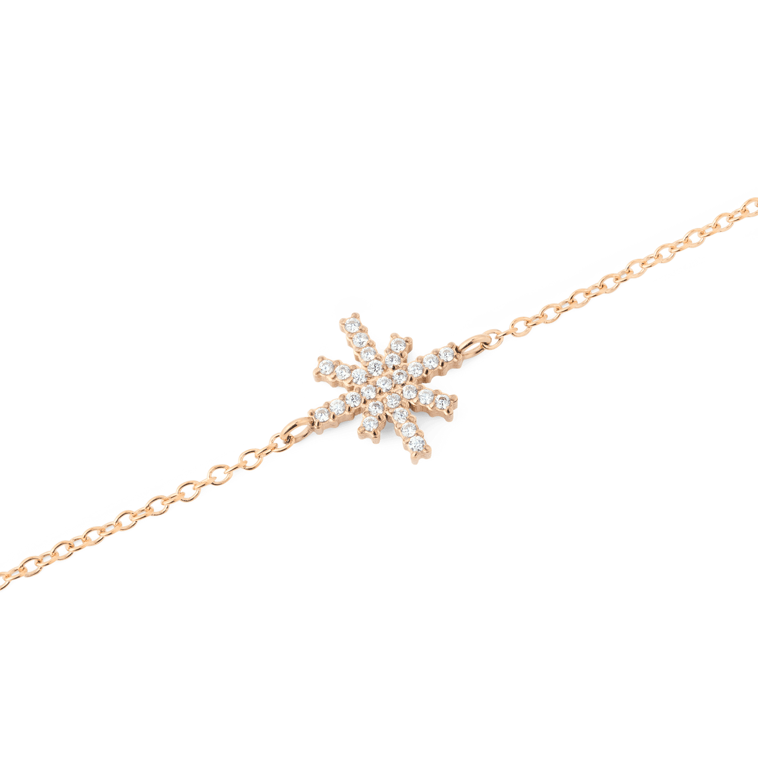 Close-up of the Mirelle Star Bracelet Rose Gold, showing the fine rose gold chain and the star-shaped charm encrusted with white cubic zirconia crystals for a sparkling, elegant finish.