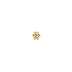 Small gold flower stud earring with polished spherical petals and a minimalist design, crafted from stainless steel with a PVD gold finish.