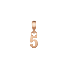 Number 5 rose gold charm with a smooth, polished surface and minimalist design, featuring an adjustable clasp for easy styling on bracelets or necklaces.