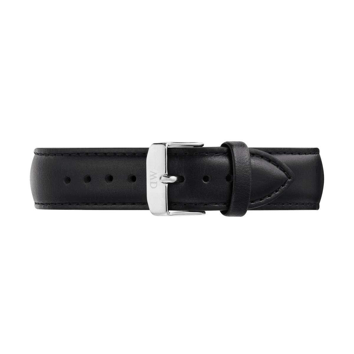 Black leather watch strap with a tapered design, detailed stitching, and a polished silver 316L stainless steel pin buckle, shown laid flat to highlight its sleek profile and refined finish.