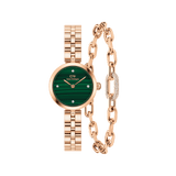 Rose gold watch with a green malachite dial and crystal hour markers, paired with a matching rose gold link bracelet featuring a crystal-embellished detail. The set showcases a modern classic design with elegant, polished links and a distinctive gemstone accent.