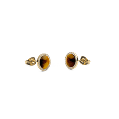 Audrey Earrings Tiger Eye Gold featuring domed tiger eye stones and cubic zirconia halos in gold-plated stud settings.