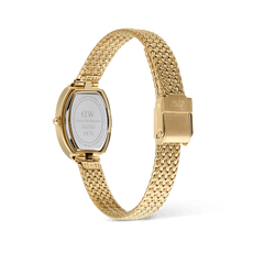 Rear view of the Juliette Braided Mesh White Sunray Gold watch, showing the engraved case back, gold-plated oval case, and adjustable braided mesh strap with a secure fold-over clasp.