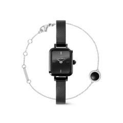 Quadro Mini & Audrey Black Set featuring a sleek rectangular black dial watch with a fine black mesh strap, paired with a delicate silver bracelet adorned with a black circular charm and crystal accents.