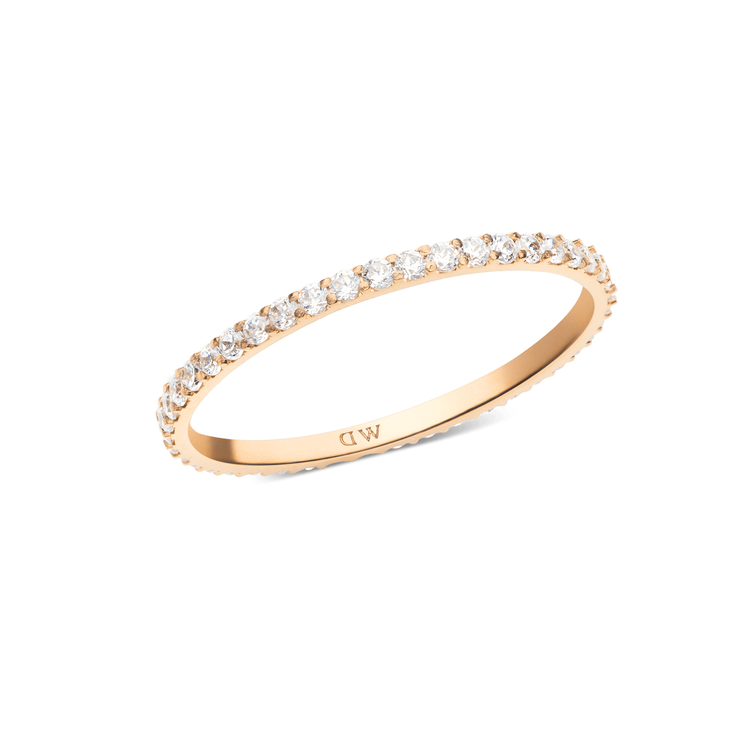Slim rose gold eternity ring with a 1.4 mm band, featuring a continuous row of white cubic zirconia crystals set along the top for a refined, sparkling finish.