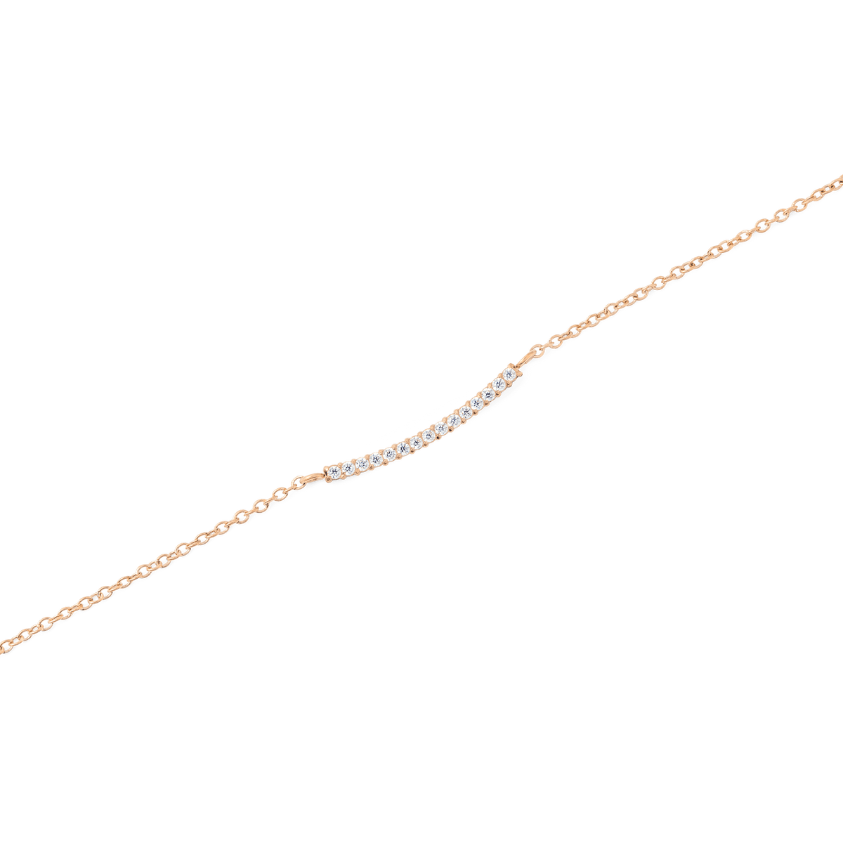 Close-up of the Mirelle Eternity Necklace Rose Gold, showing a fine rose gold chain with a gently curved bar set with small white cubic zirconia crystals for a subtle, elegant sparkle.