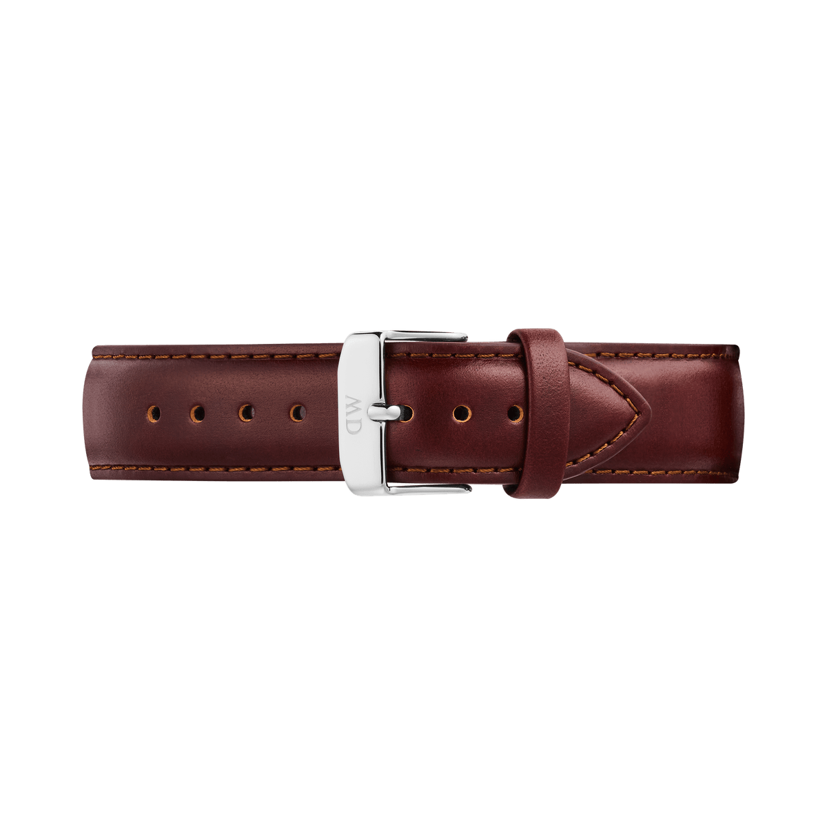 Brown genuine leather watch strap with a polished silver pin buckle, subtle edge stitching, and a tapered design, suitable for Daniel Wellington timepieces.