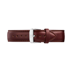 Brown genuine leather watch strap with a polished silver pin buckle, subtle edge stitching, and a tapered design, suitable for Daniel Wellington timepieces.