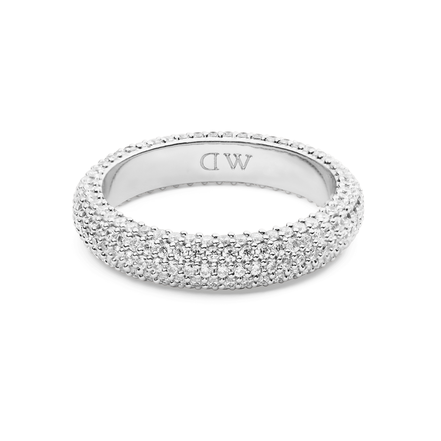 Pavé Ring Silver 5 mm by Daniel Wellington, crafted from rhodium-plated brass and set with rows of sparkling white cubic zirconia crystals, featuring a polished finish and engraved DW logo inside the band.