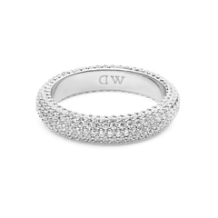 Pavé Ring Silver 5 mm by Daniel Wellington, crafted from rhodium-plated brass and set with rows of sparkling white cubic zirconia crystals, featuring a polished finish and engraved DW logo inside the band.