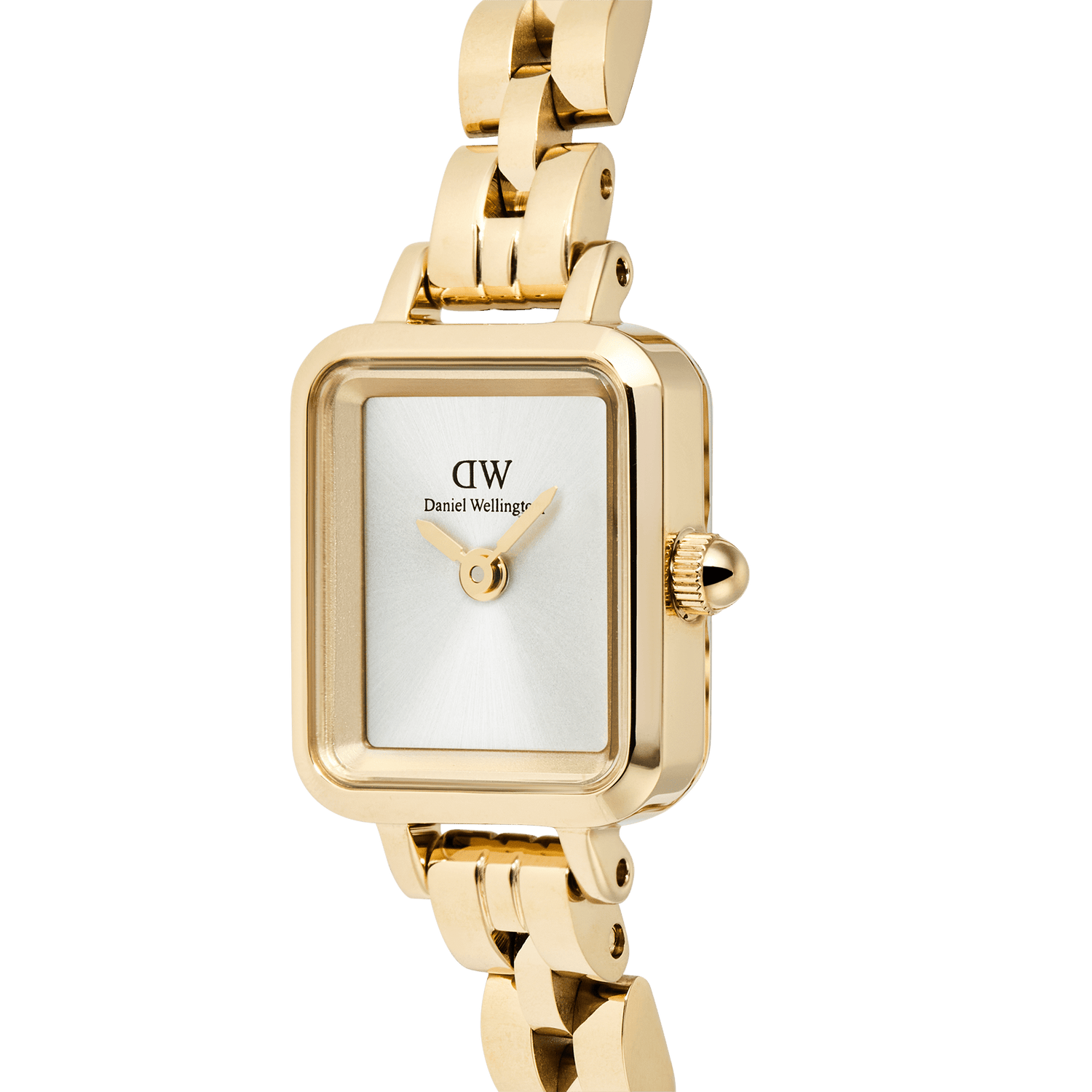 Close-up of the Quadro Mini Arch 3-link White Sunray Gold watch, highlighting its rectangular gold case, minimalist silver-white sunray dial, and polished gold 3-link bracelet.