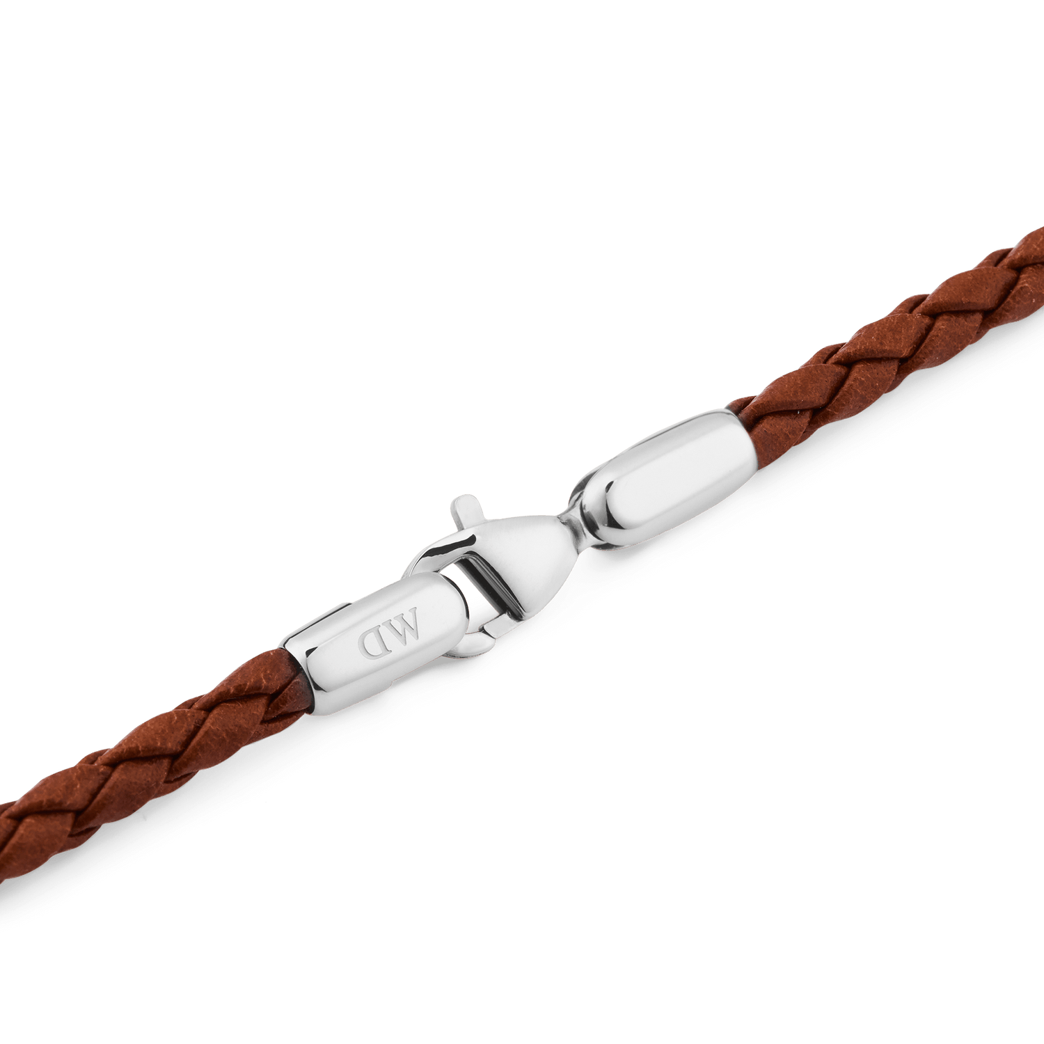 Detail view of the Daniel Braided Leather Bracelet St Mawes 2.8 Silver, highlighting the brown braided leather band and polished silver stainless steel lobster clasp engraved with the DW logo.